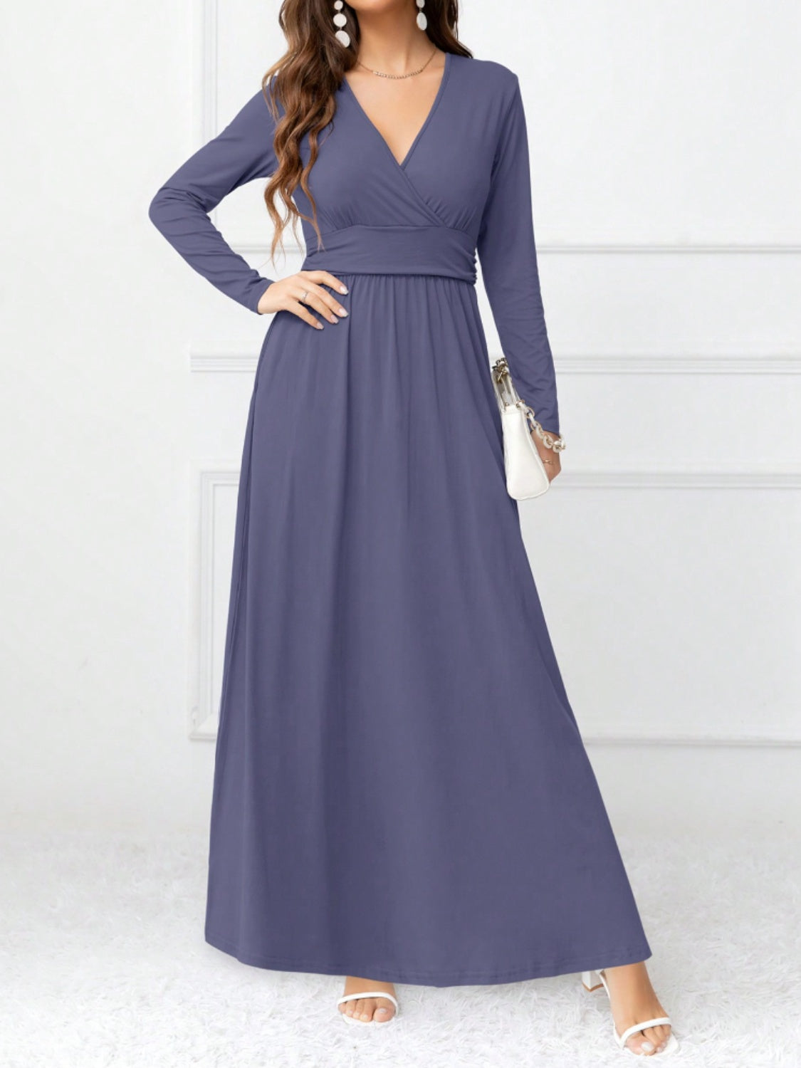 Pocketed Surplice Long Sleeve Maxi Dress Dusty Blue S 