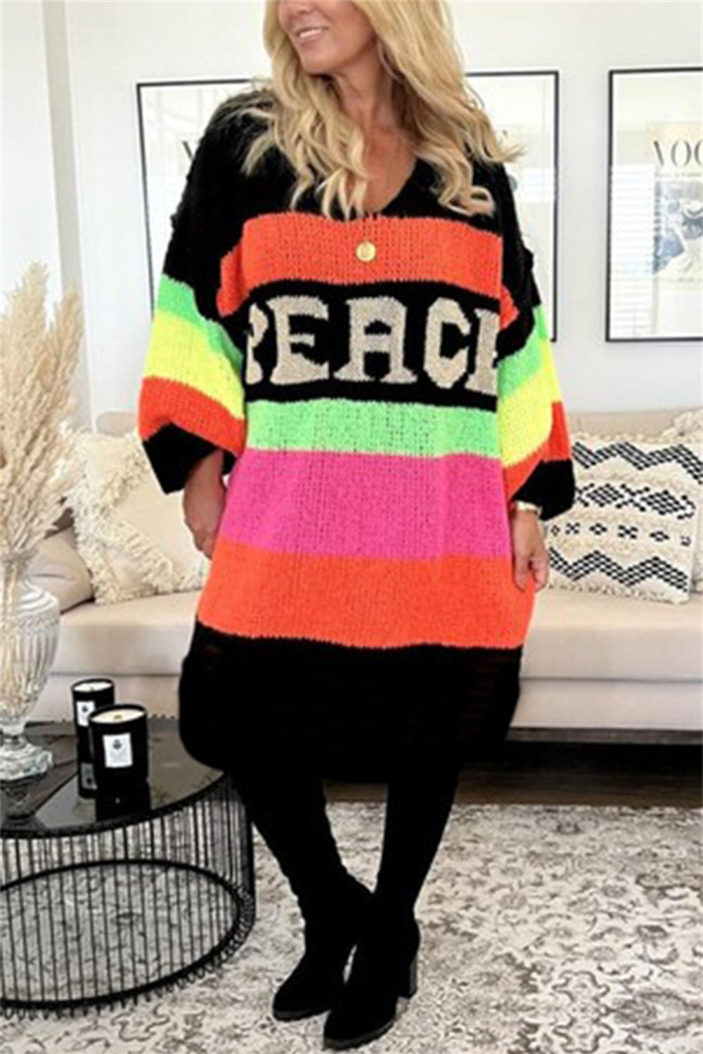 Color Block V-Neck Long Sleeve Sweater Dress   