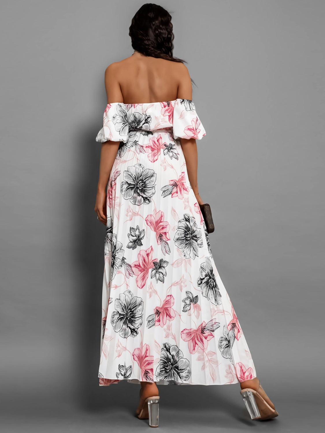 Pleated Floral Off-Shoulder Short Sleeve Midi Dress   