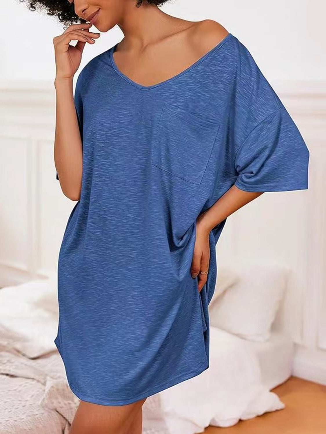 Pocketed V-Neck Short Sleeve Tee Dress   