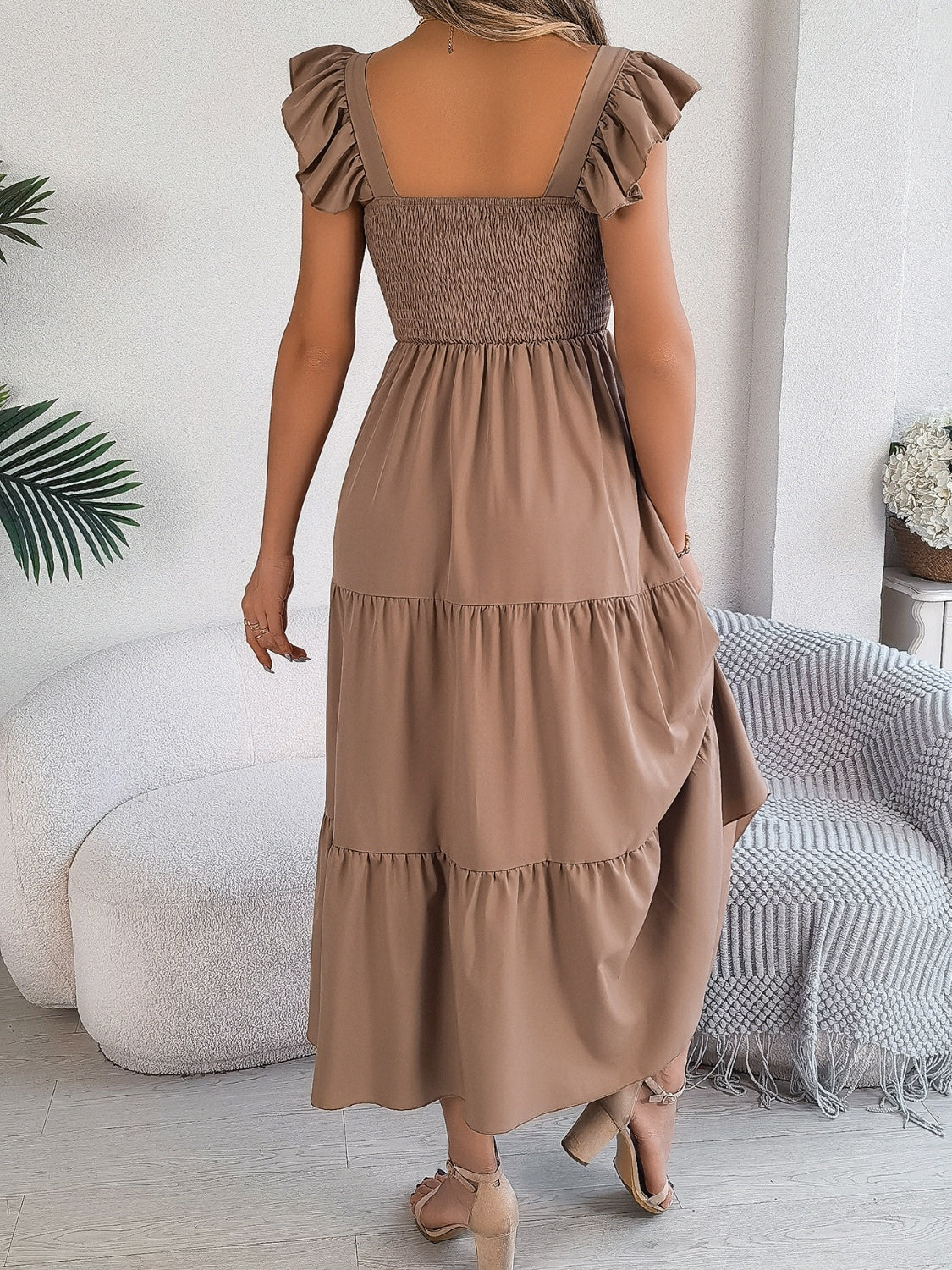 Smocked Square Neck Cap Sleeve Midi Dress Camel S 