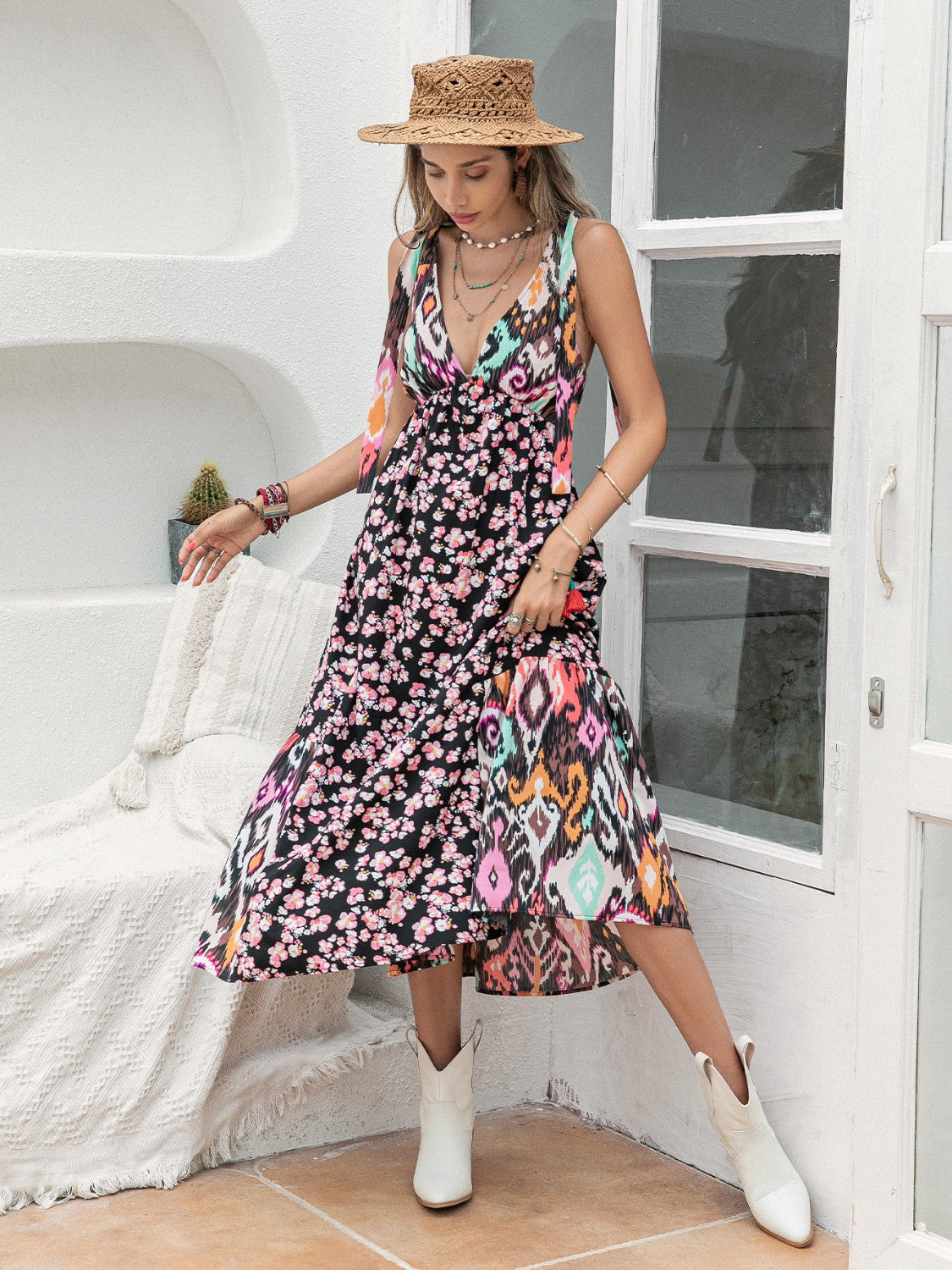 Printed Plunge Sleeveless Midi Dress Black S 