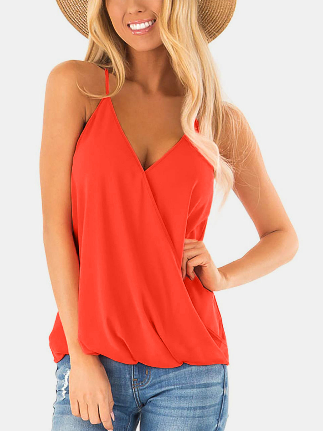 STUNNLY  Full Size Surplice Spaghetti Strap Top Orange S 