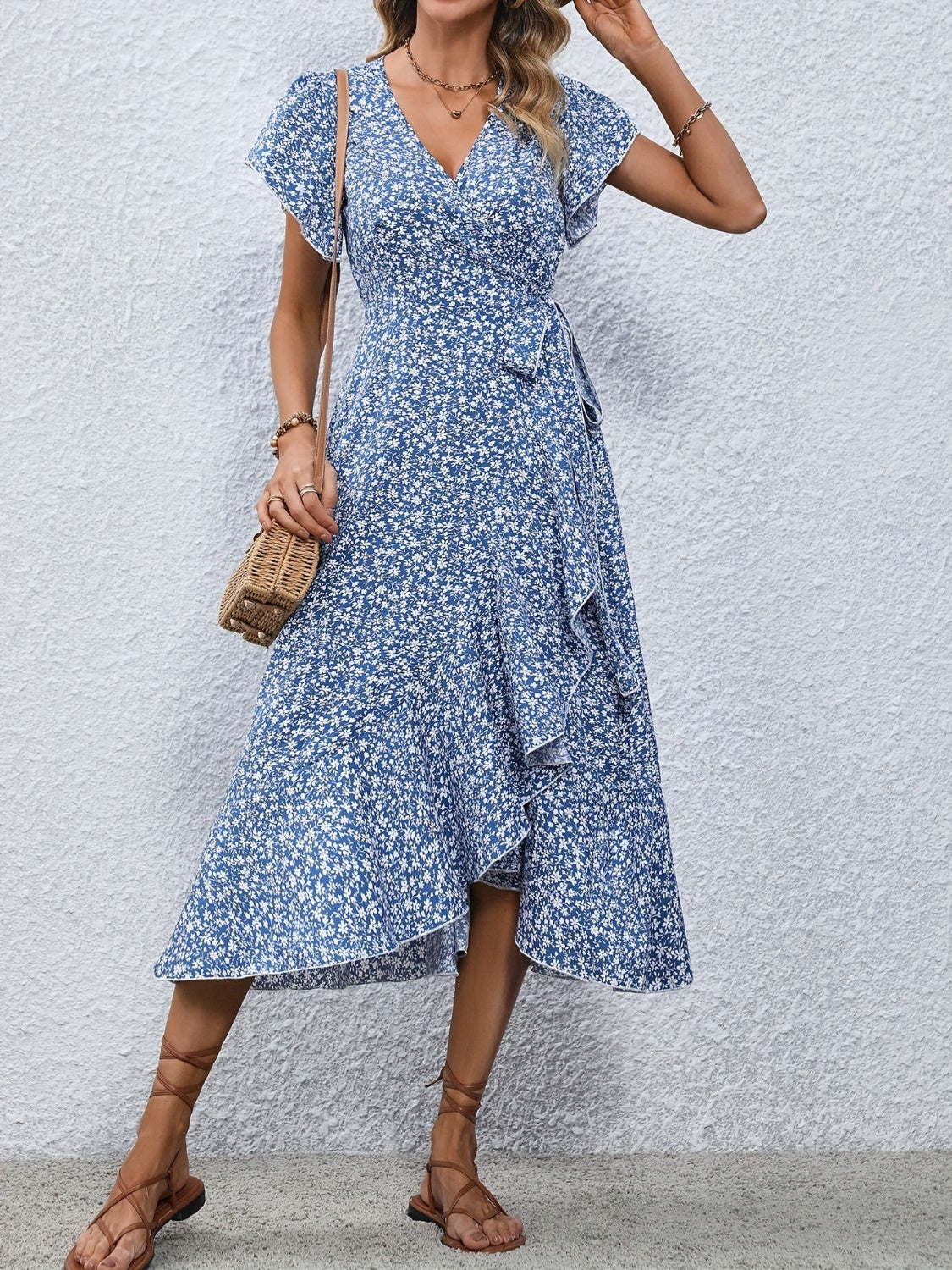 Printed Surplice Flutter Sleeve Midi Dress   