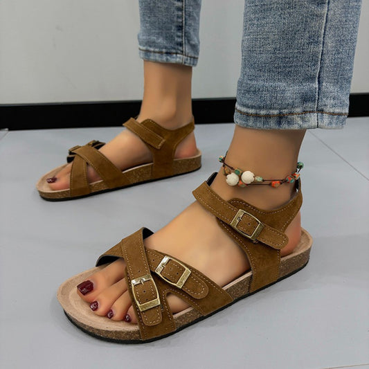 Open Toe Flat Buckle Sandals Coffee Brown 36(US5) 