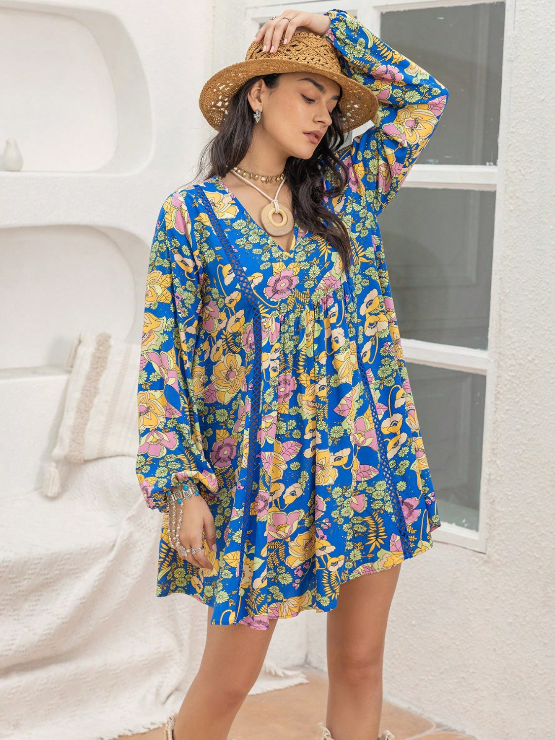 Printed V-Neck Balloon Sleeve Mini Dress   