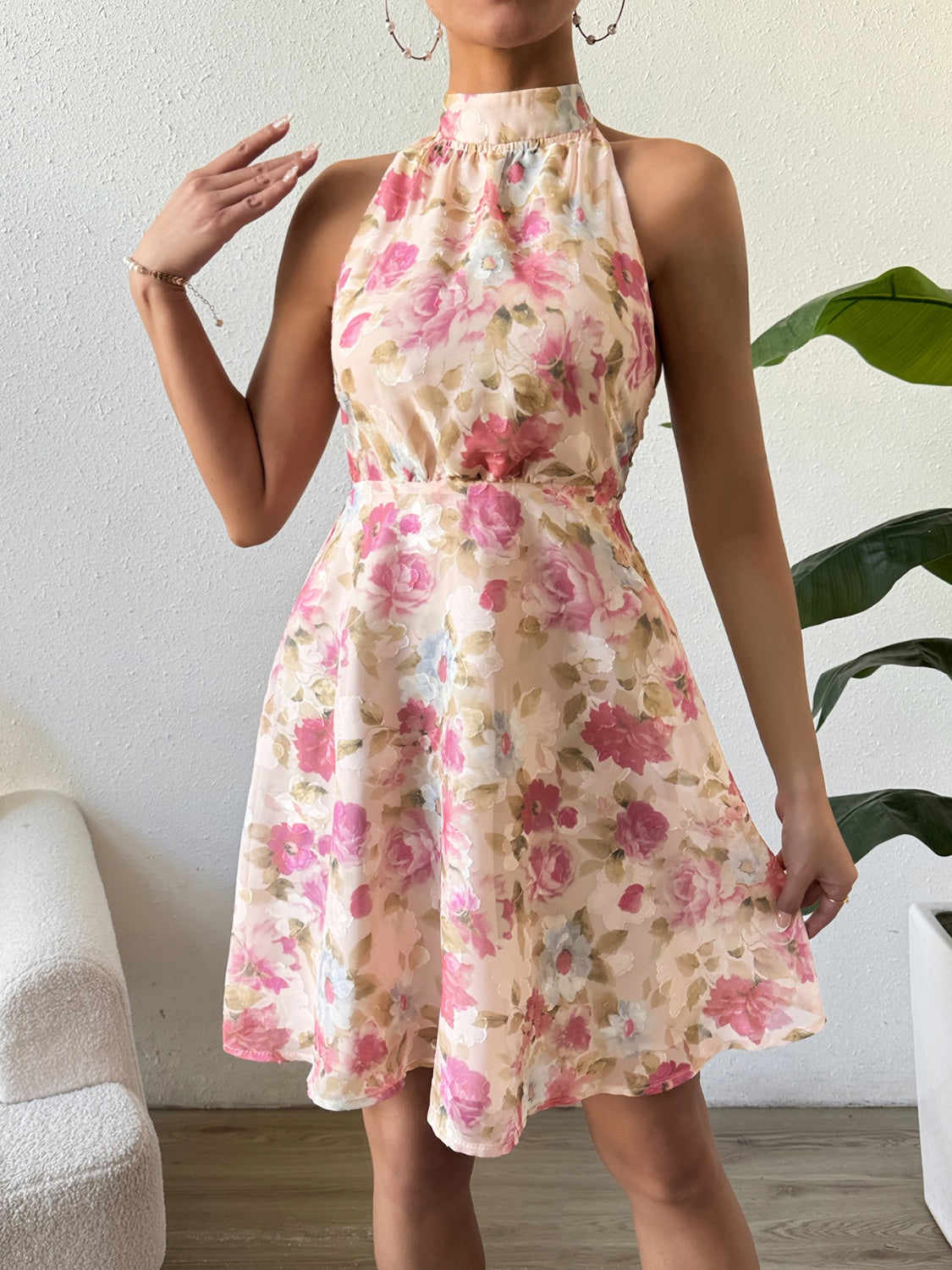 Printed Halter Neck Sleeveless Dress   