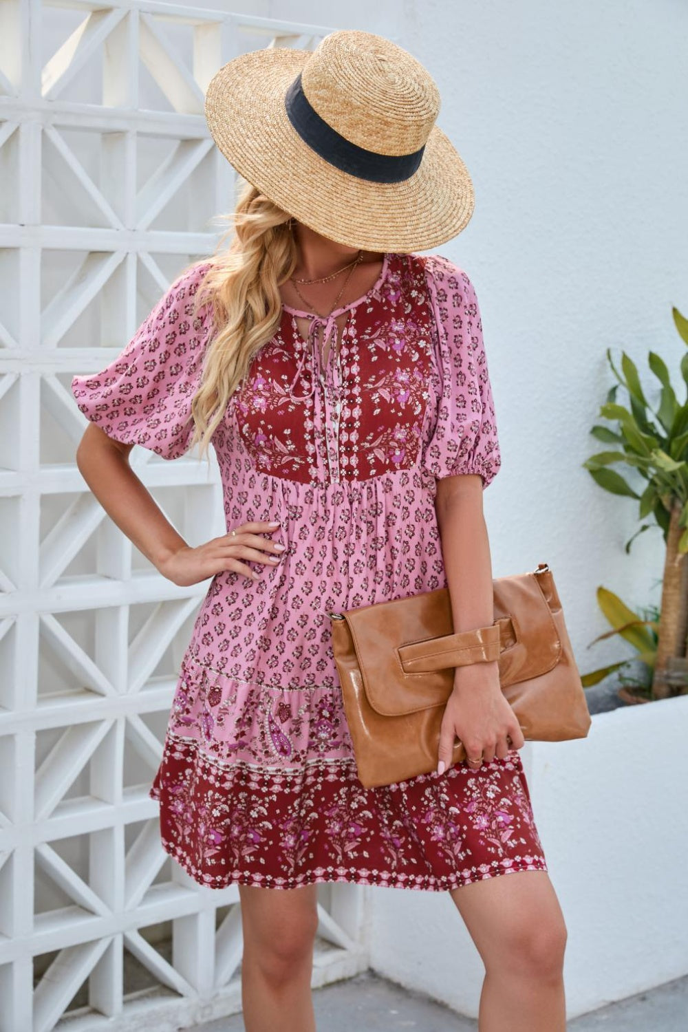 Printed Tie Neck Half Sleeve Dress   