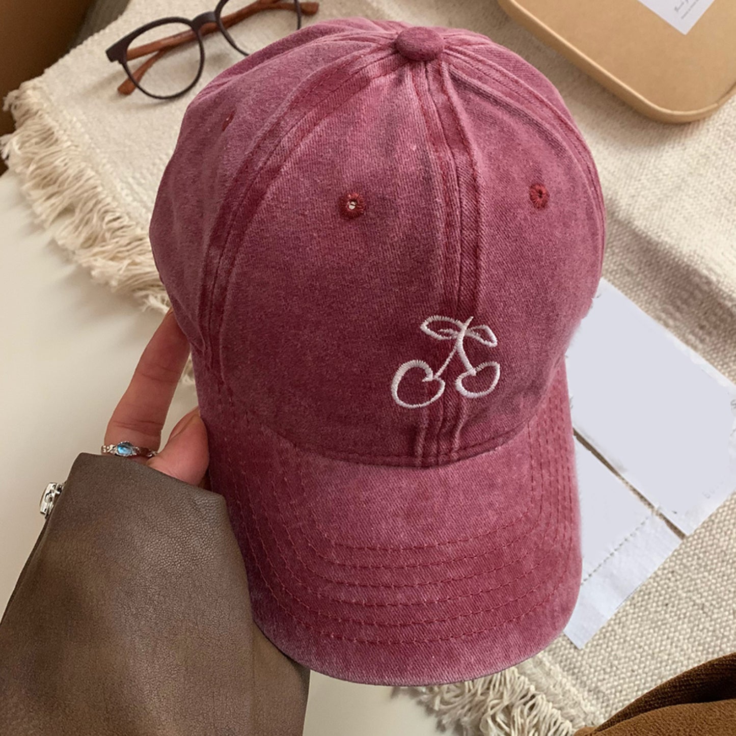 Cherry Embroidered Adjustable Cap Wine One Size 