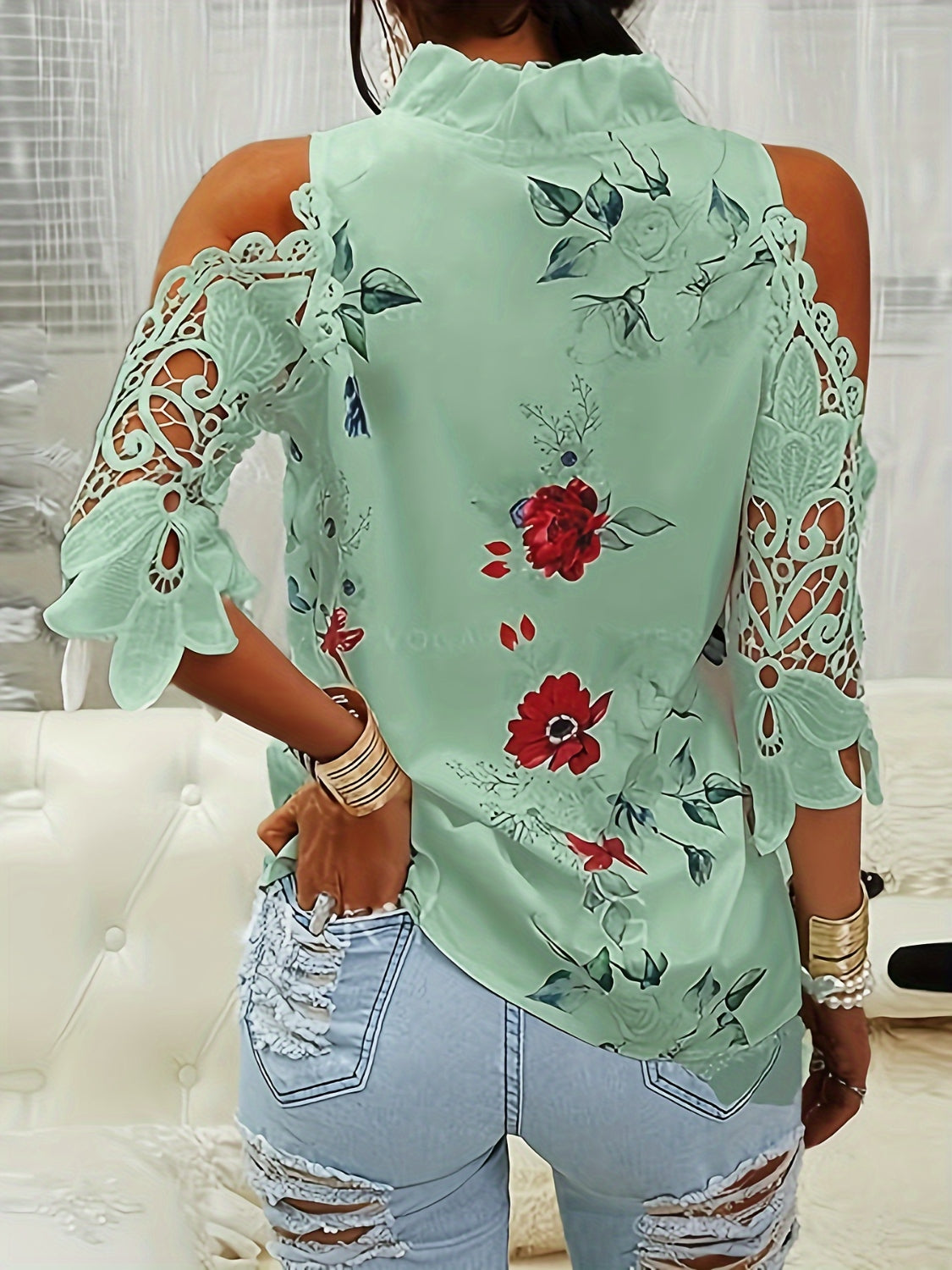 STUNNLY  Full Size Lace Printed Half Sleeve Blouse   