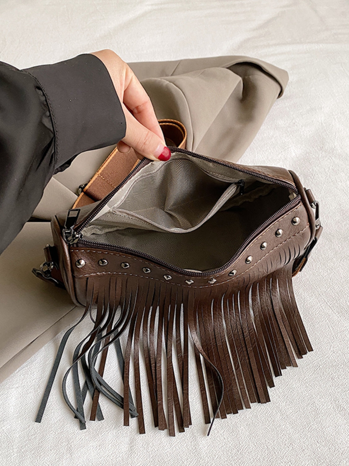 PU Leather Fringe Studded Crossbody Bag   