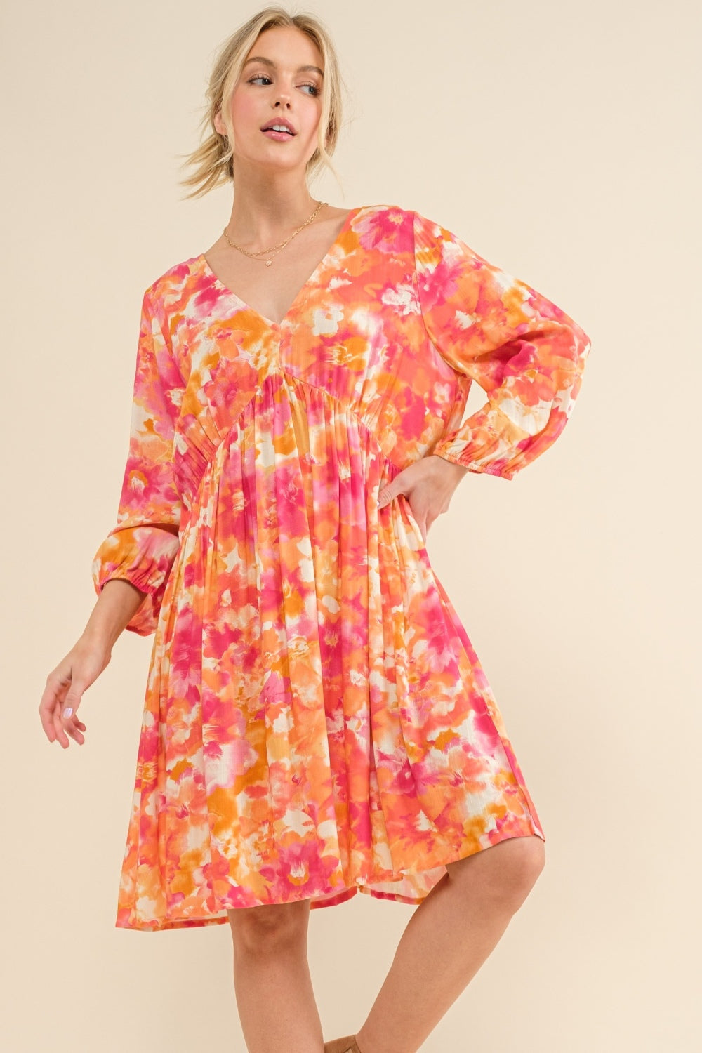 And The Why Full Size Printed Tie Back Long Sleeve Dress   