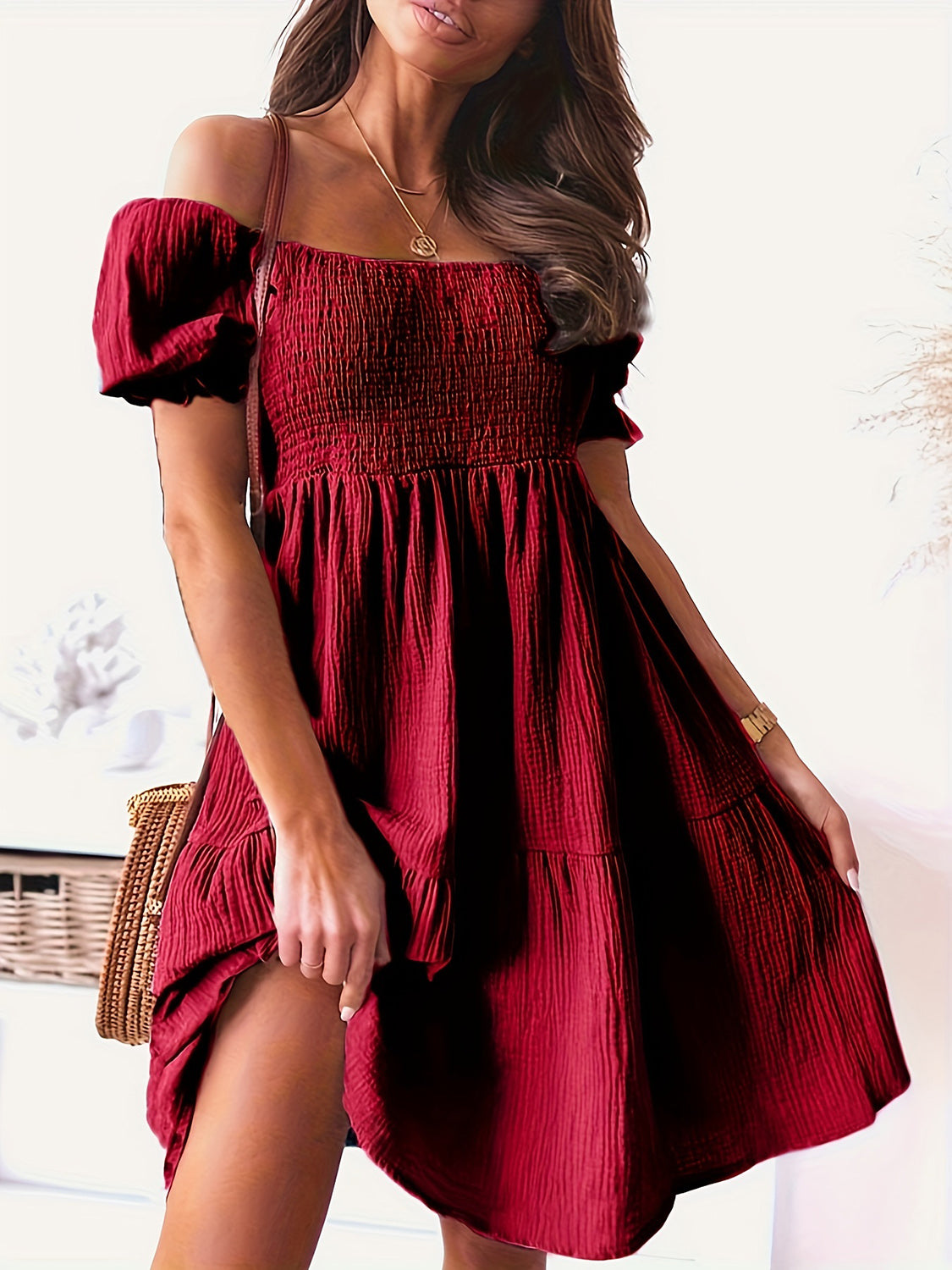 Full Size Ruffled Off-Shoulder Short Sleeve Dress Burgundy S 