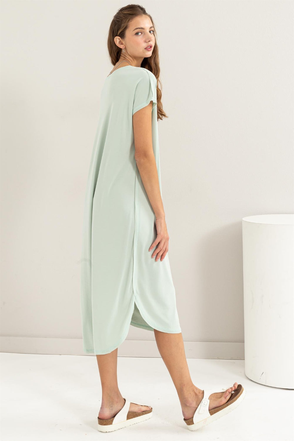 HYFVE Short Sleeve High-Low Slit Midi Dress   