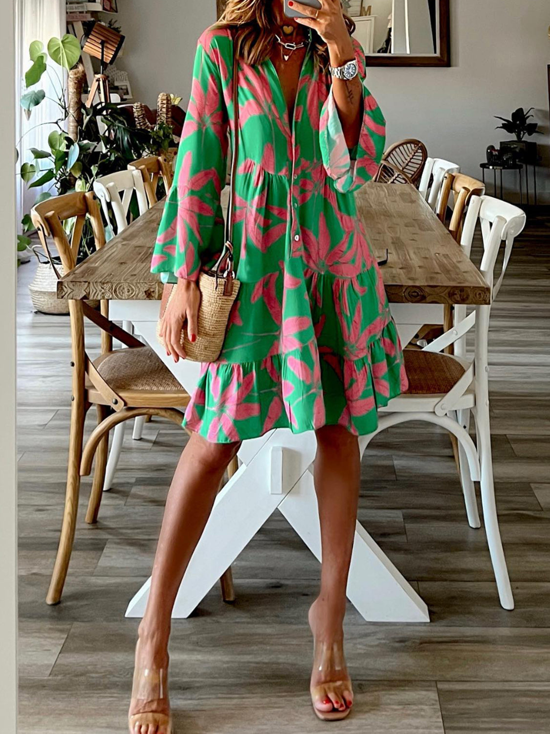 Printed Notched Long Sleeve Mini Dress Green S 