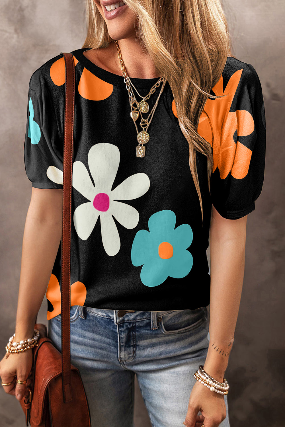 STUNNLY  Flower Round Neck Short Sleeve Blouse Black S 