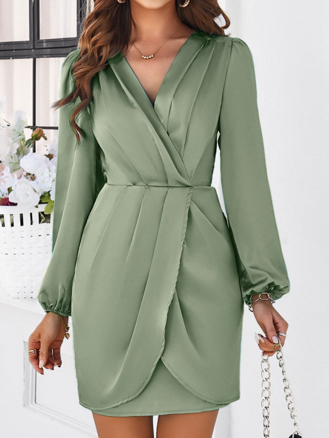 Ruched Surplice Long Sleeve Mini Dress Sage S 