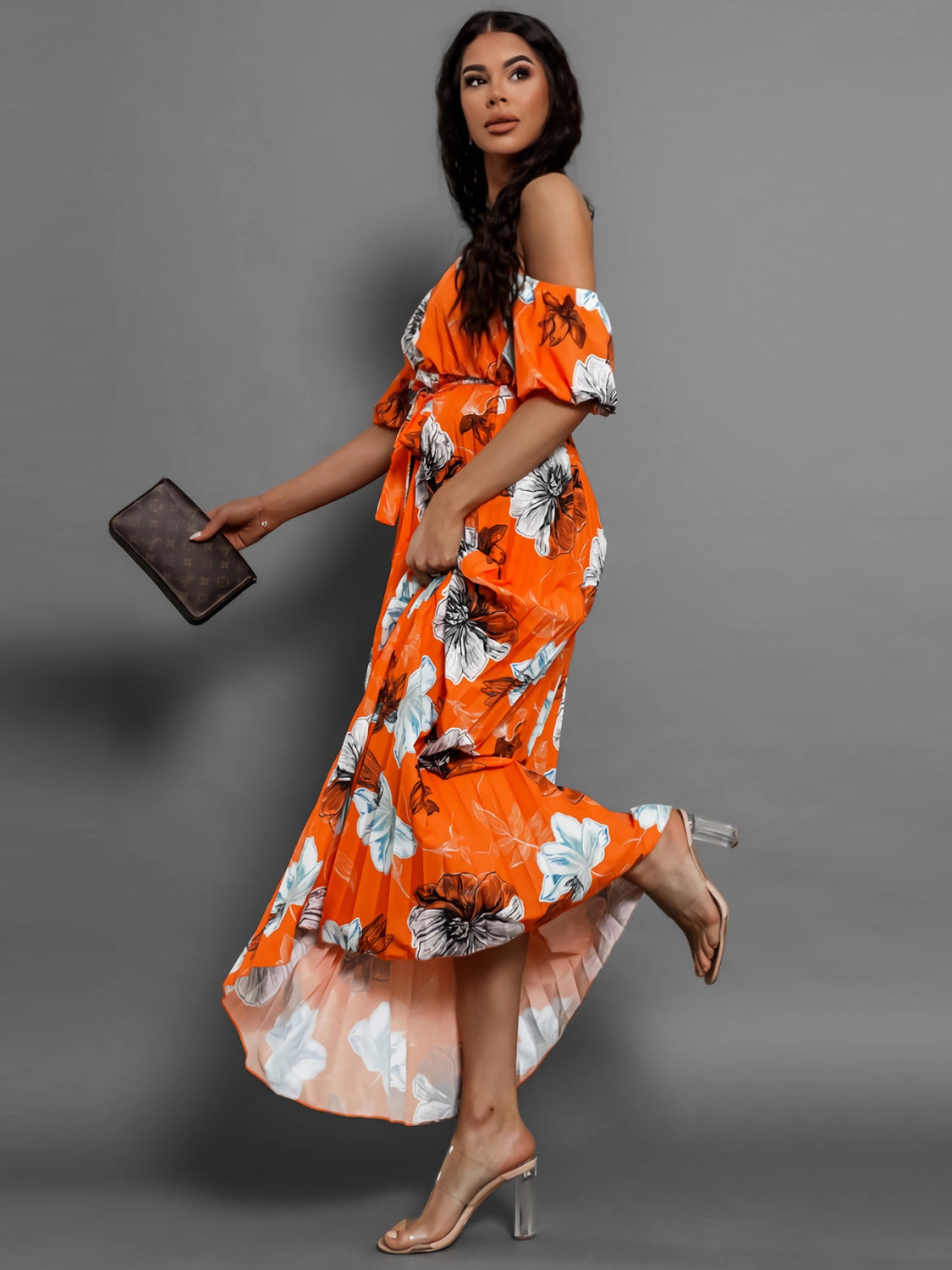 Pleated Floral Off-Shoulder Short Sleeve Midi Dress   