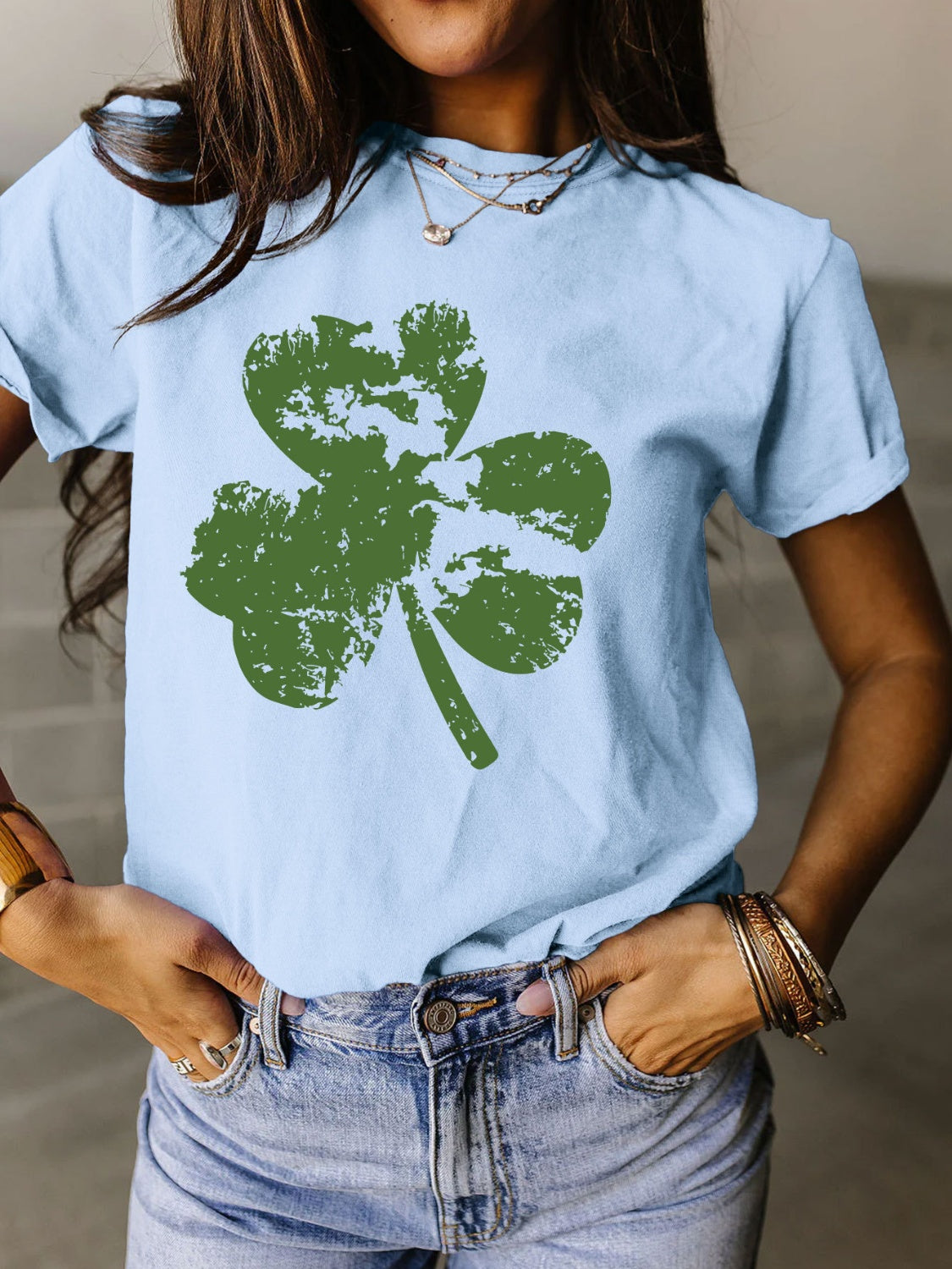 STUNNLY  Full Size Lucky Clover Round Neck Short Sleeve T-Shirt Misty  Blue S 