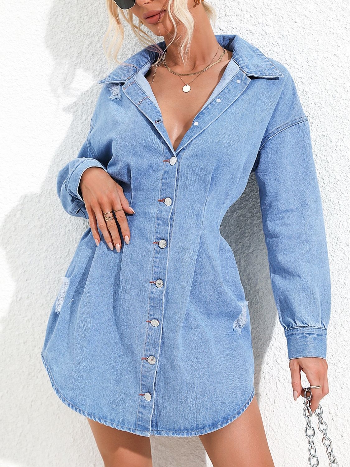 Distressed Button Up Long Sleeve Denim Dress   