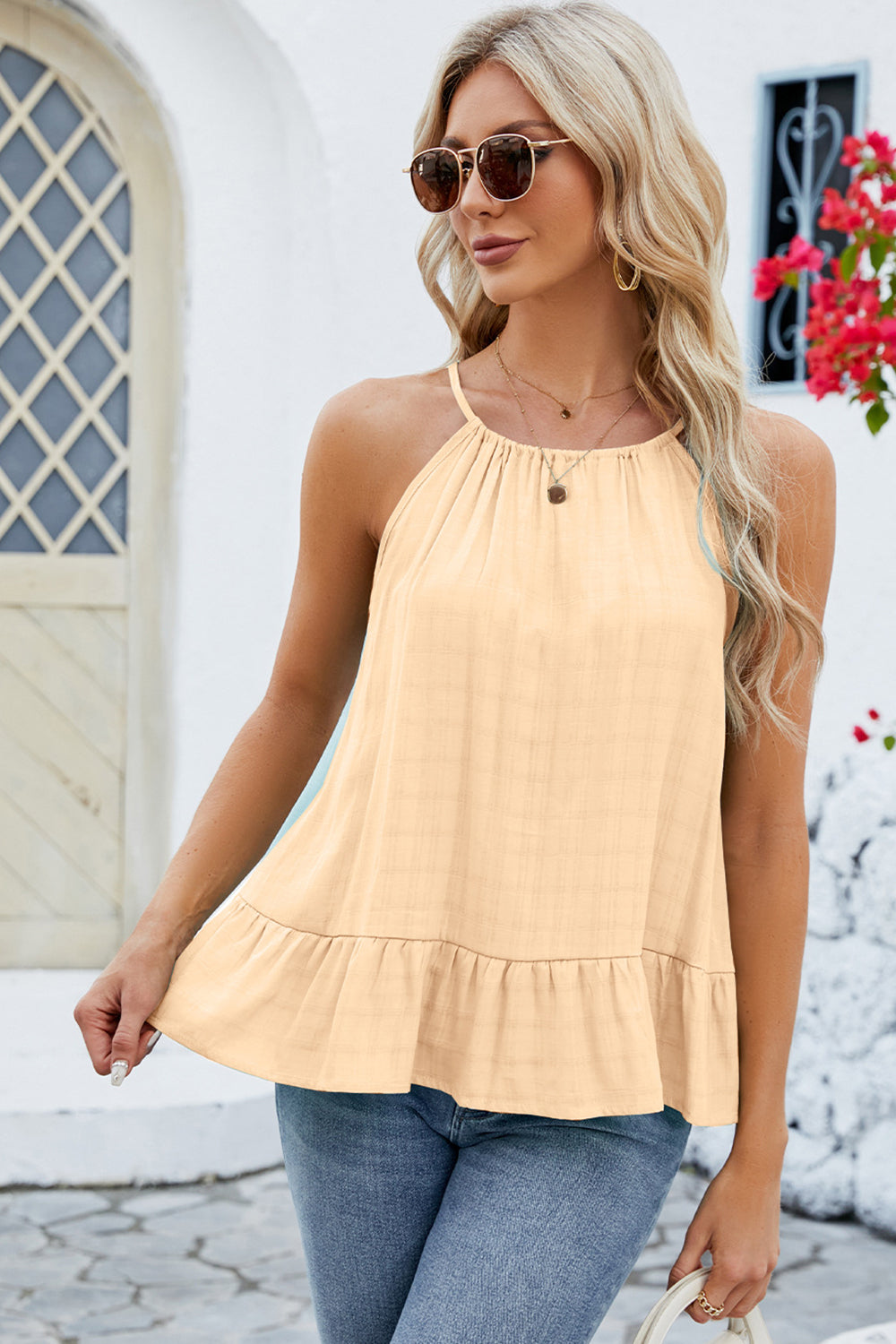 STUNNLY  Tied Ruffled Round Neck Cami   