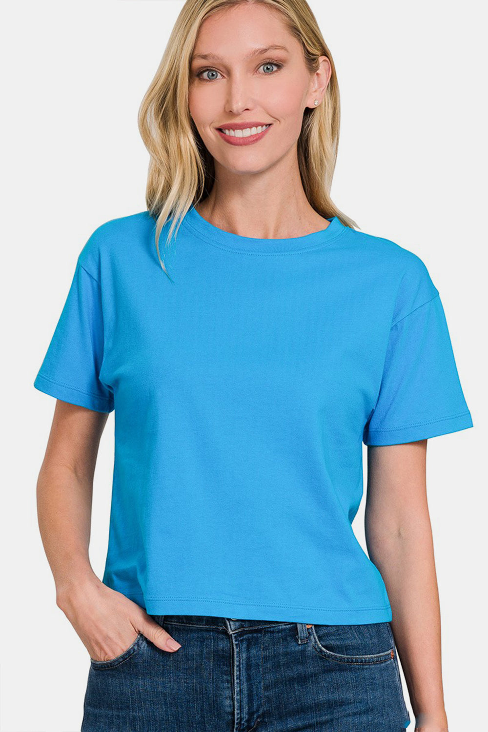 STUNNLY  Zenana Round Neck Short Sleeve Cropped T-Shirt Deep Sky S 