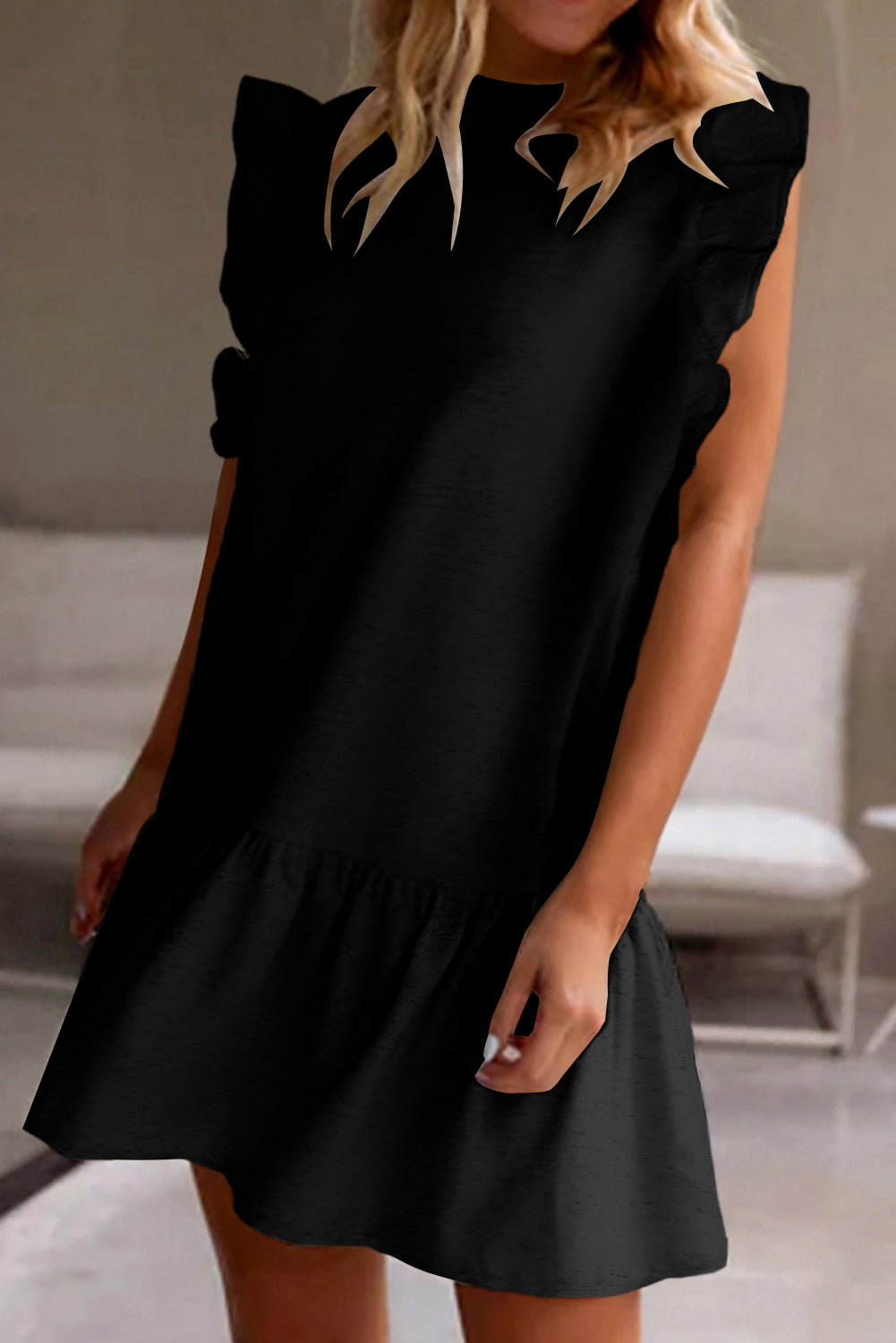 Ruffled Round Neck Cap Sleeve Mini Dress Black S 