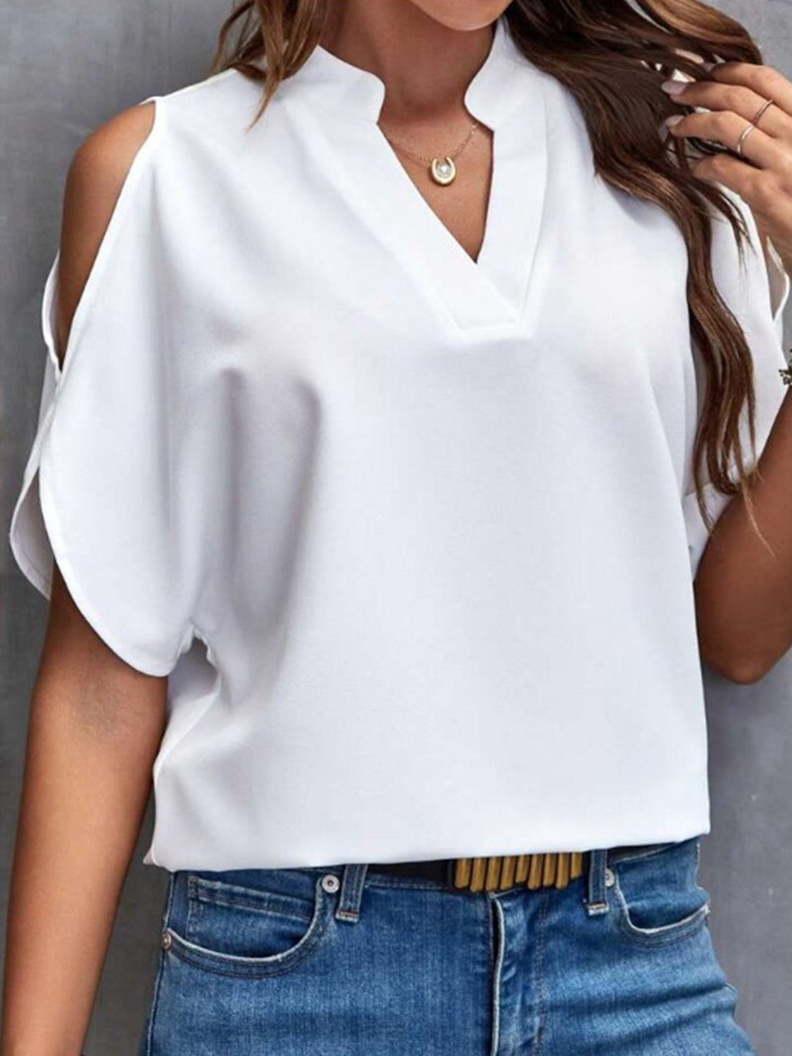 Notched Cold Shoulder Half Sleeve Blouse   