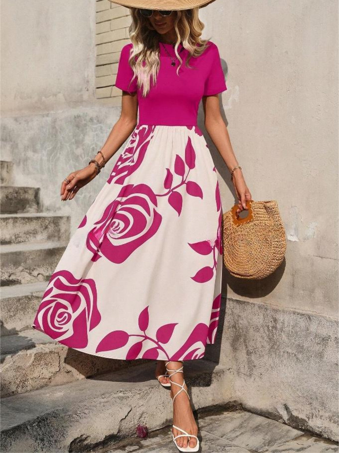 Rose Printed Round Neck Short Sleeve Dress   