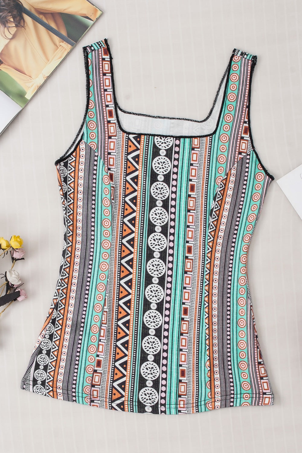 STUNNLY  Printed Square Neck Wide Strap Tank   