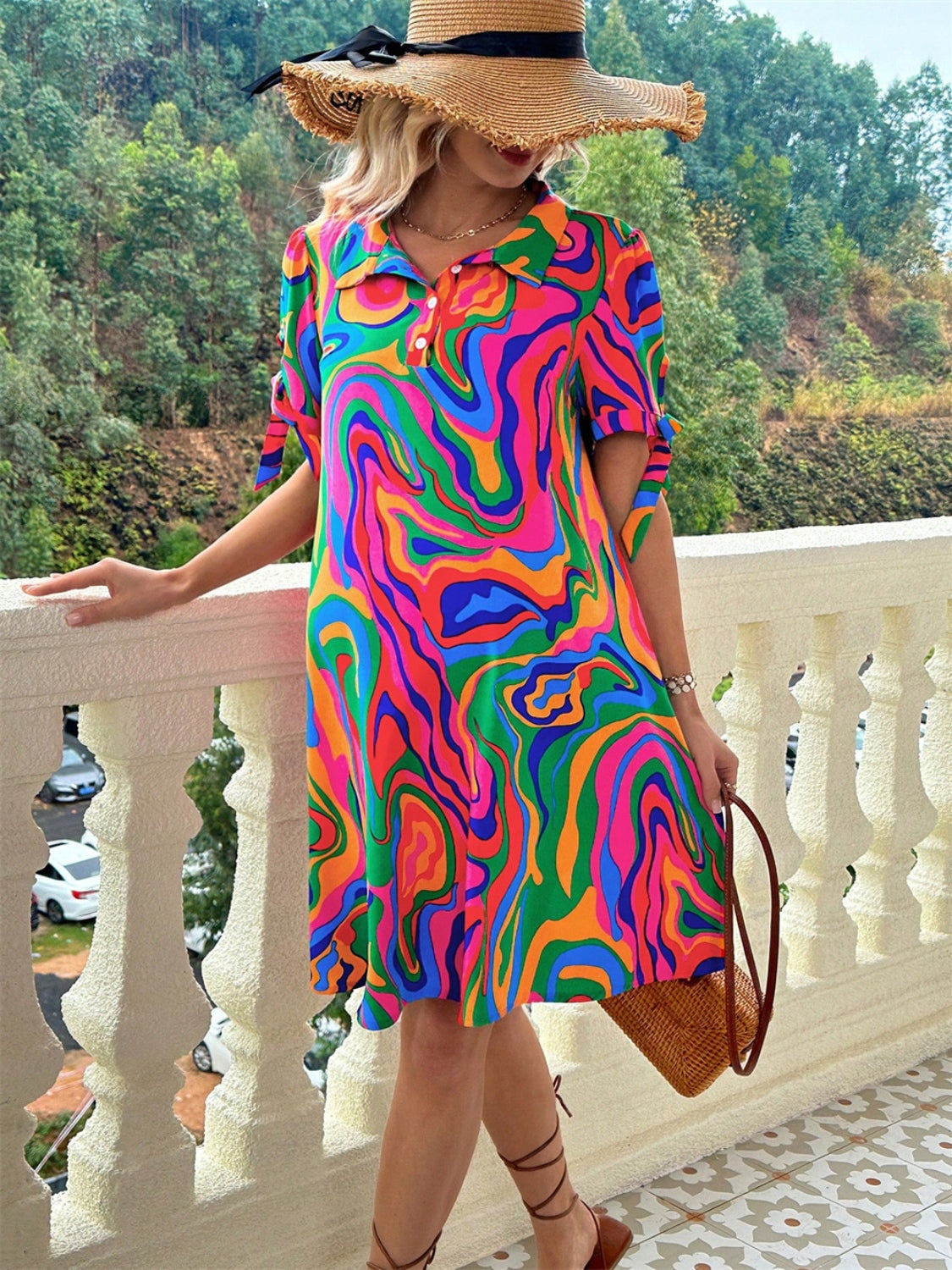 Printed Collared Neck Short Sleeve Mini Dress   