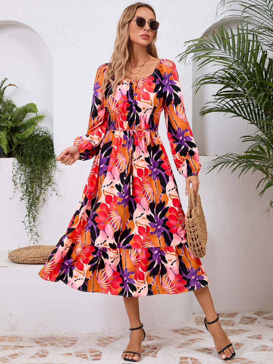 Printed Long Sleeve Midi Dress   