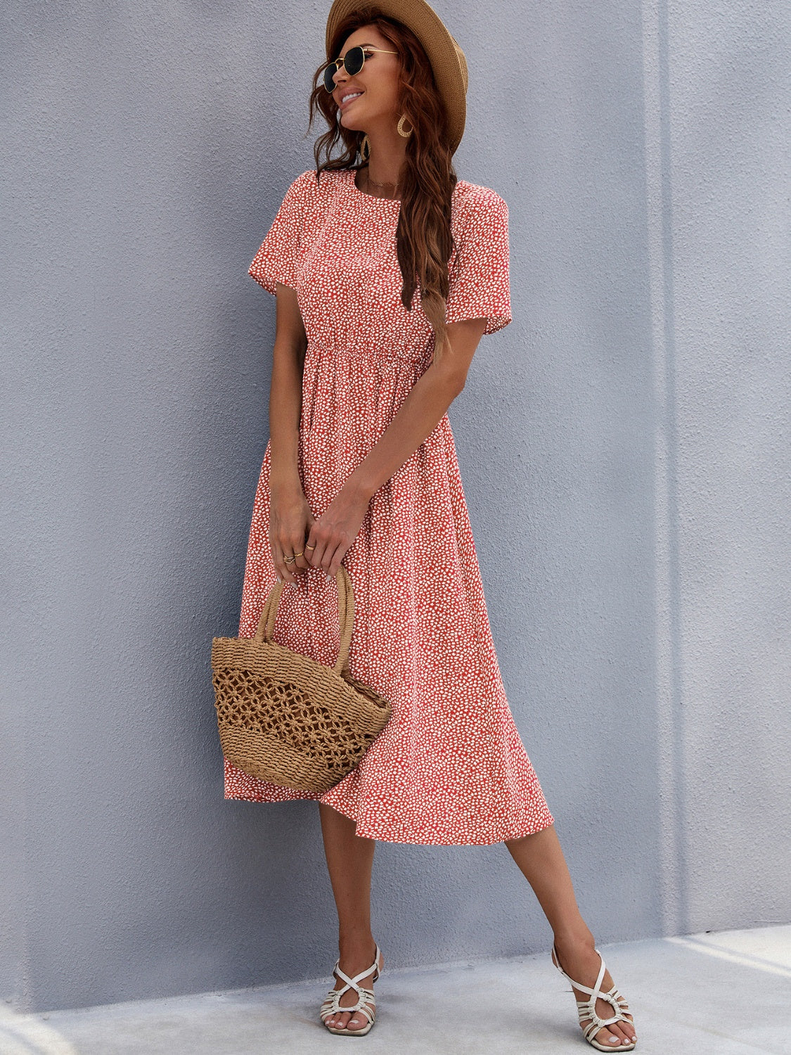 Printed Round Neck Short Sleeve Midi Dress   