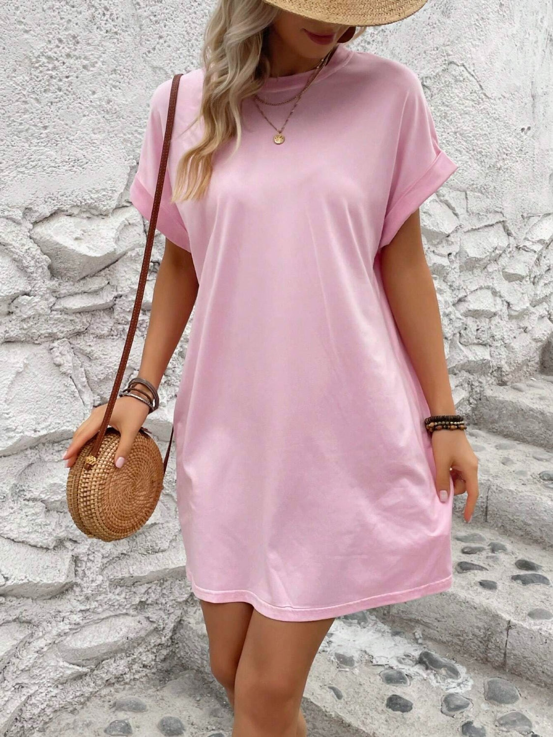 Round Neck Short Sleeve Mini Dress Blush Pink S 