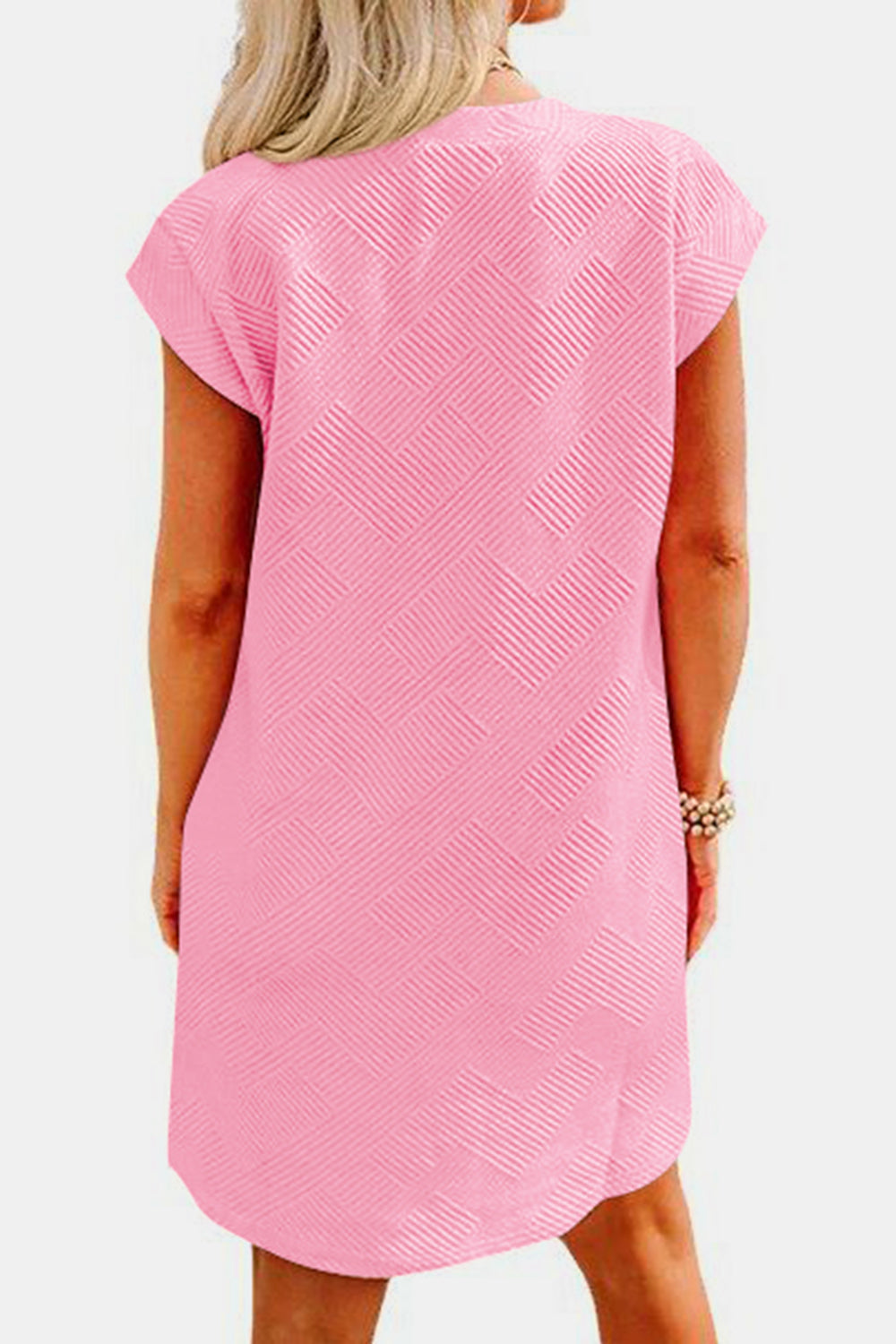 STUNNLY  Textured Round Neck Cap Sleeve Dress Blush Pink S 