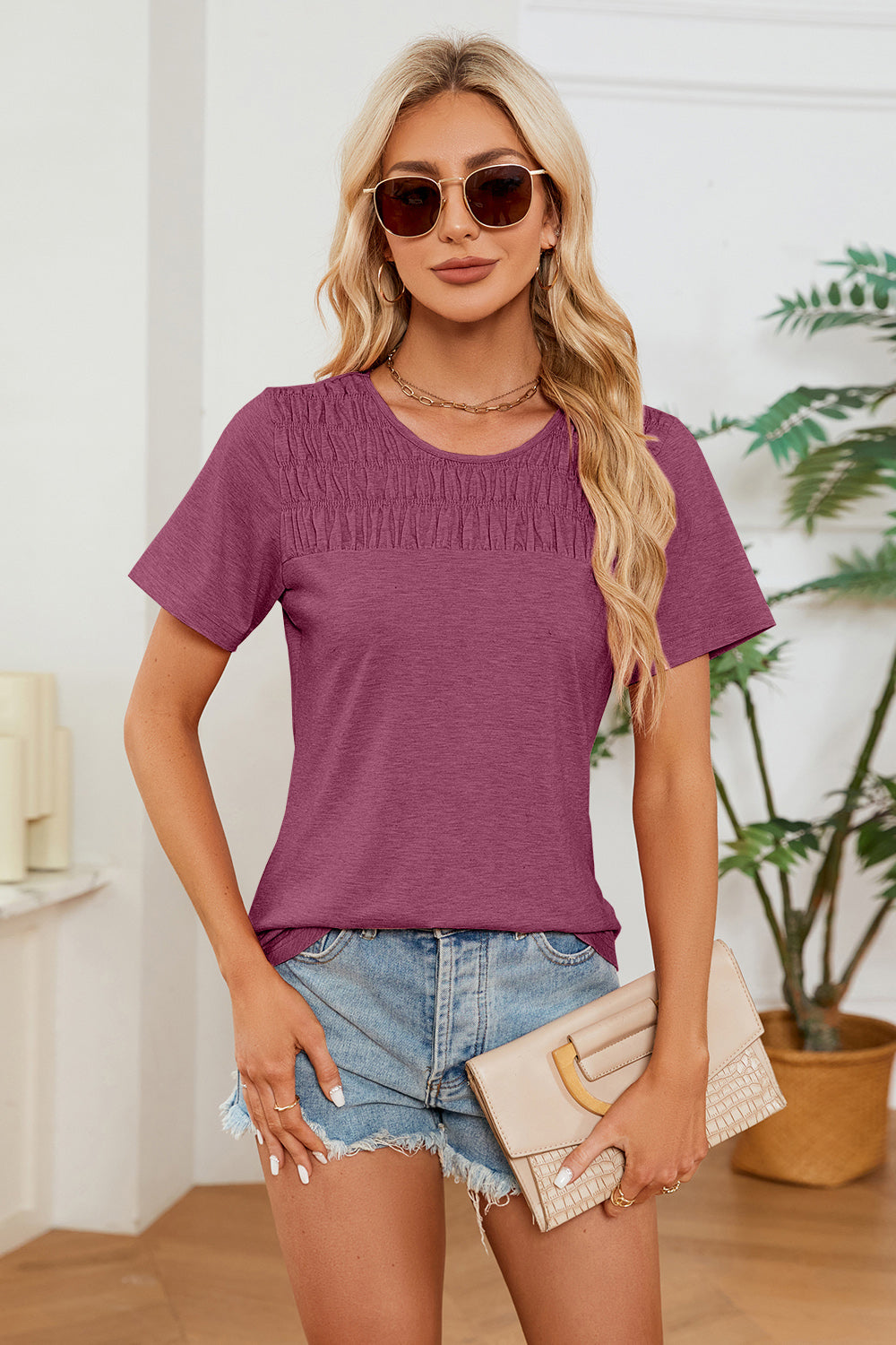 STUNNLY  Ruched Round Neck Short Sleeve T-Shirt Magenta S 