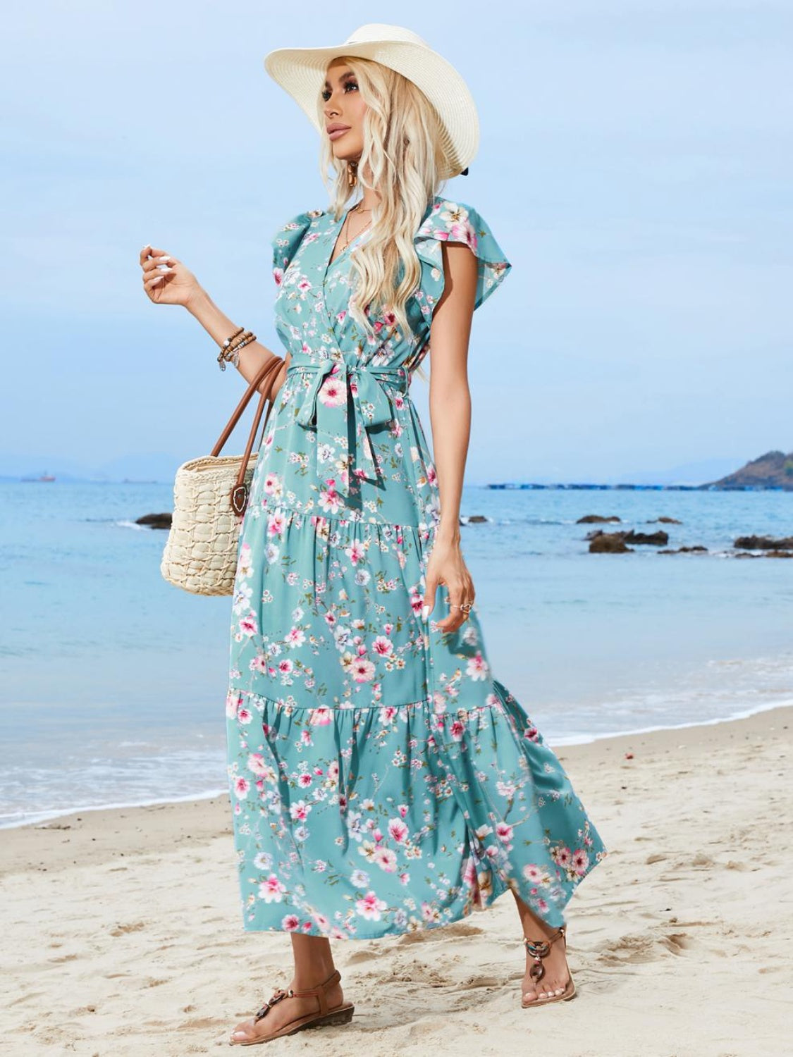 Ruffled Printed Surplice Cap Sleeve Midi Dress   