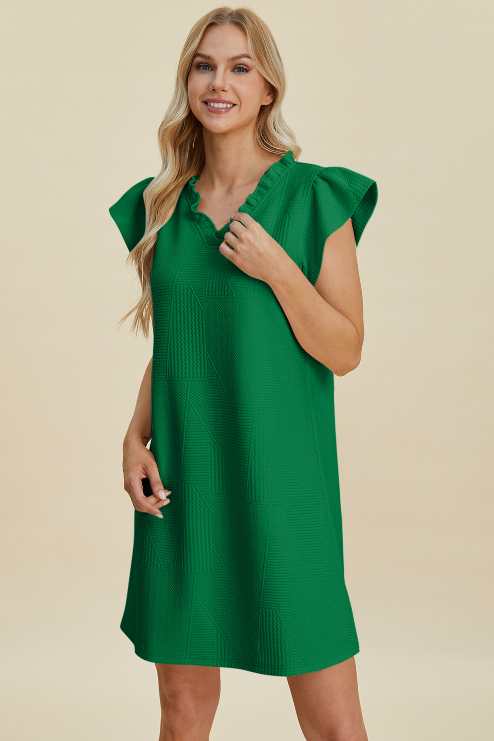 Double Take Full Size Ruffled V-Neck Cap Sleeve Dress Dark Green S 