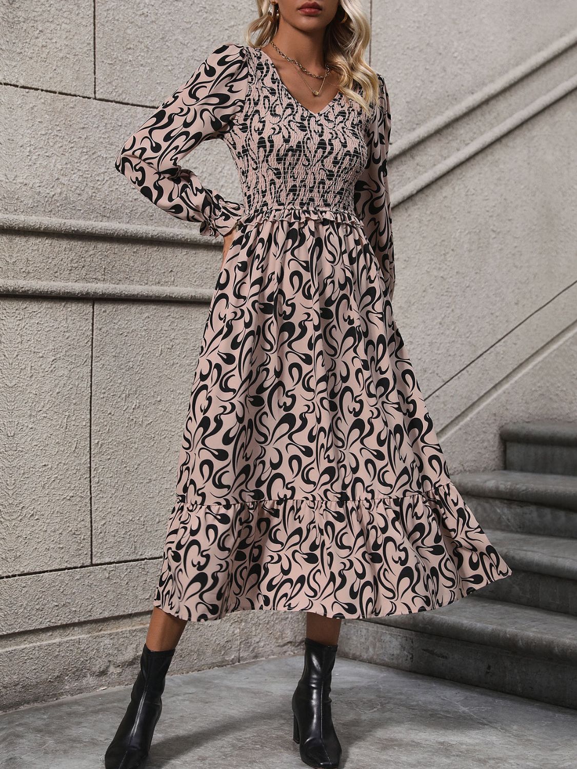 Printed V-Neck Long Sleeve Midi Dress Khaki S 