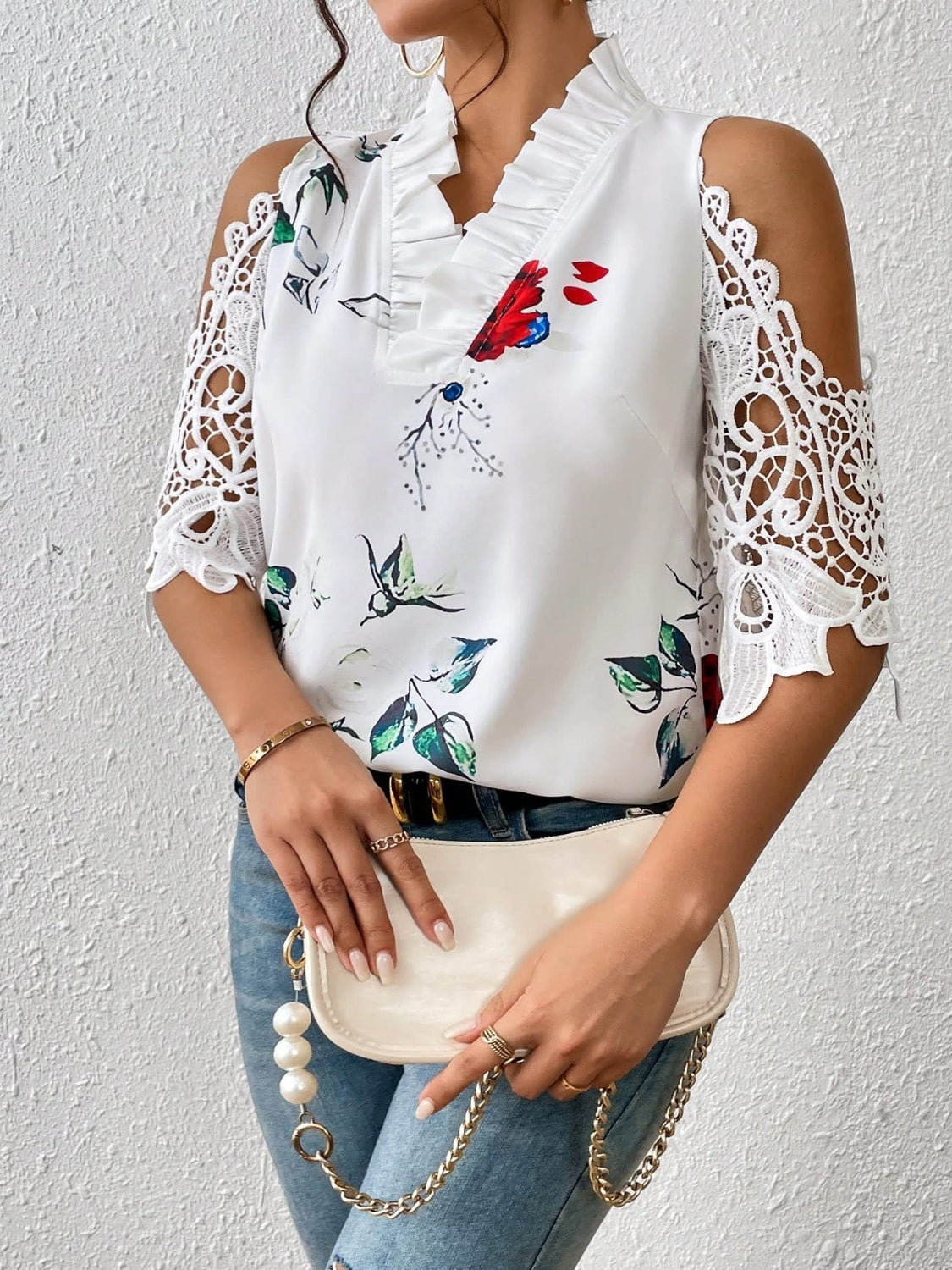 STUNNLY  Full Size Lace Printed Half Sleeve Blouse   