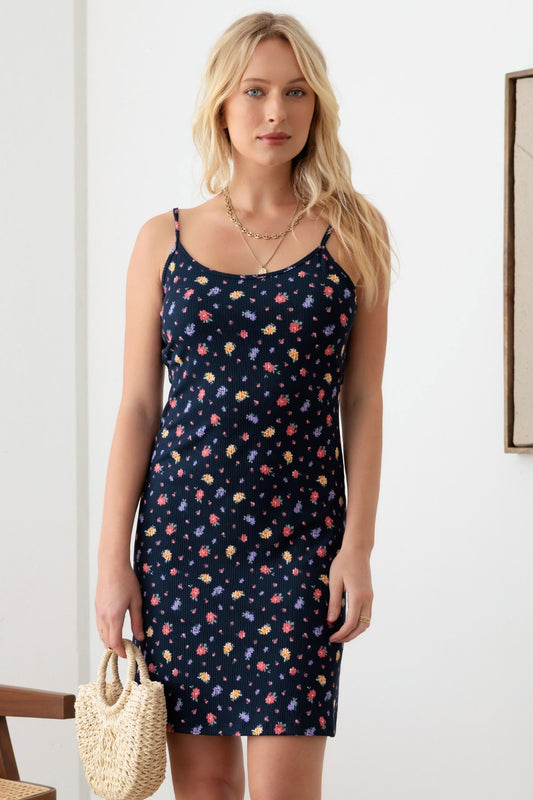 Gilli Floral Ribbed Tie-Back Cami Mini Dress Navy Multi S 