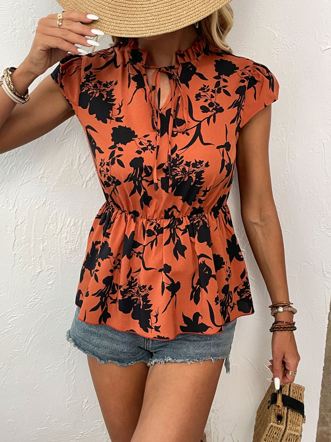 STUNNLY  Printed Tie Neck Cap Sleeve Blouse Ochre S 