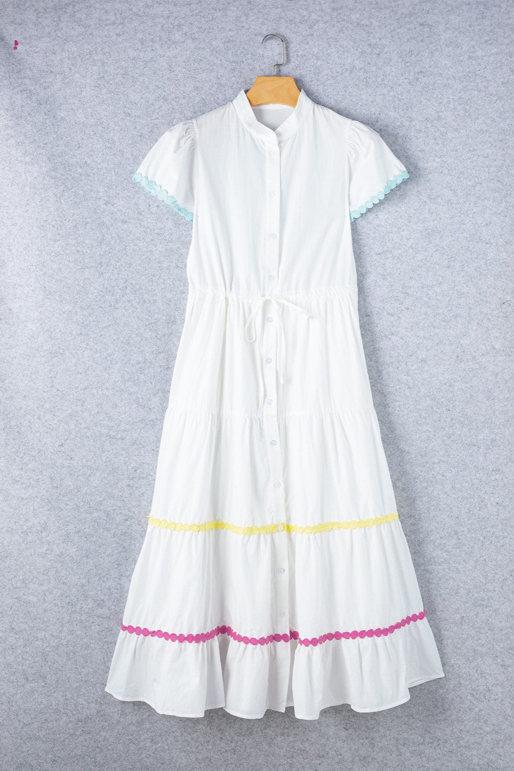 Contrast Trim Button Up Short Sleeve Dress   