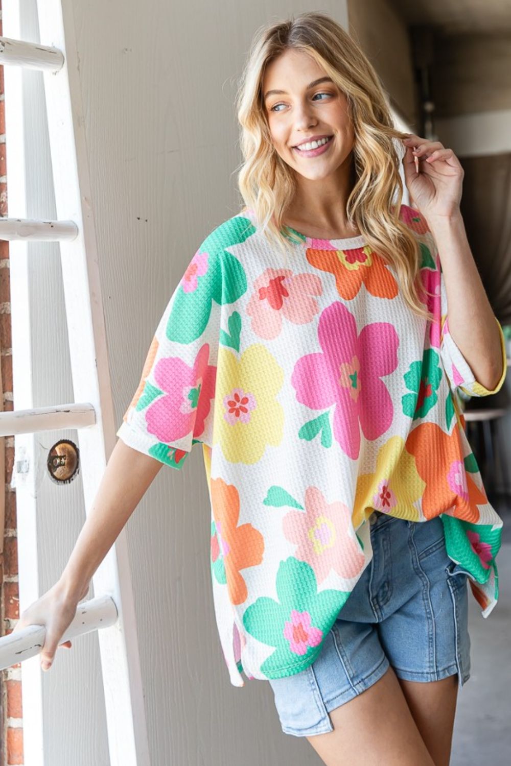 HOPELY Floral Waffle Oversize T-Shirt   