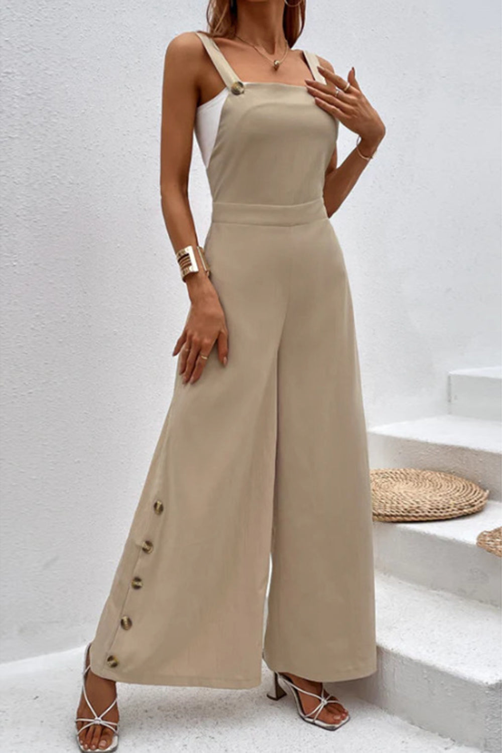 Square Neck Wide Strap Jumpsuit Tan S 