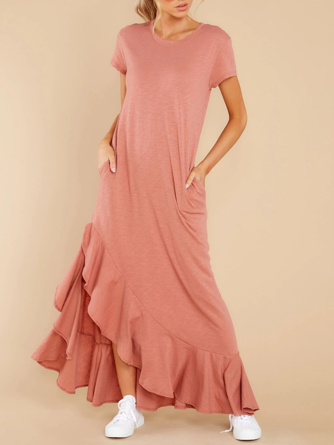 Slit Round Neck Short Sleeve Maxi Dress   