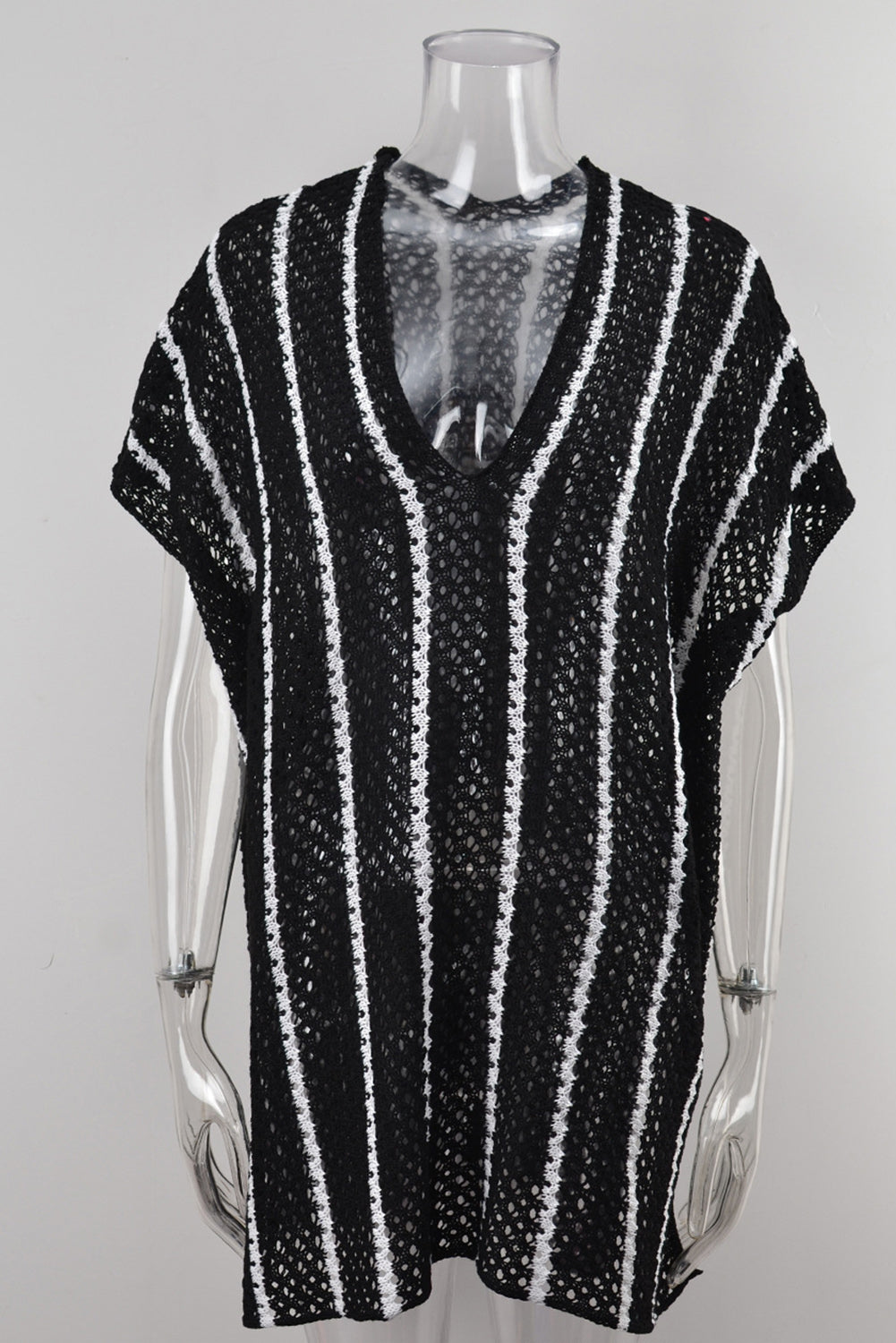 STUNNLY  Slit Openwork Striped V-Neck Cover-Up   