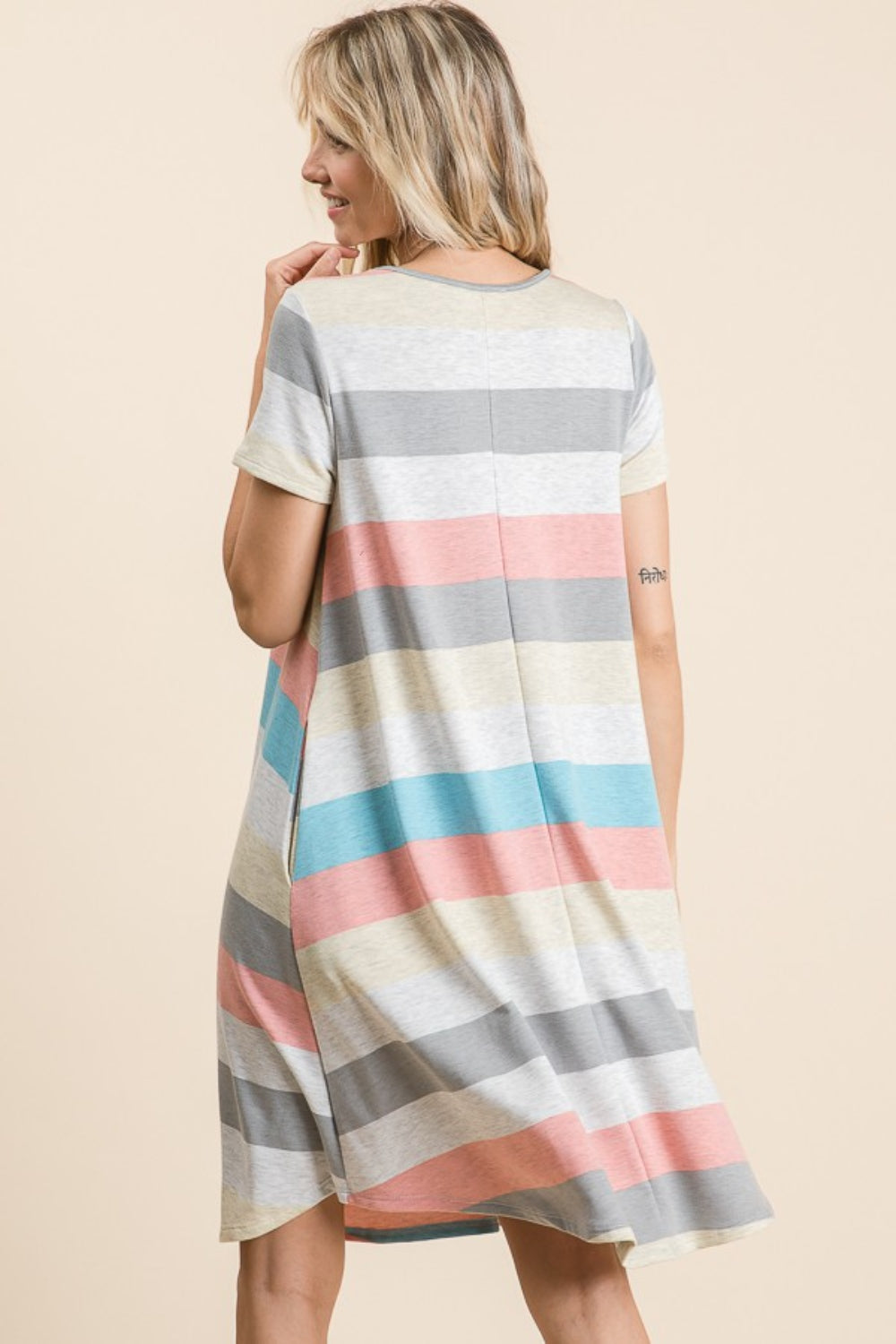 BOMBOM Striped Short Sleeve Dress with Pockets   