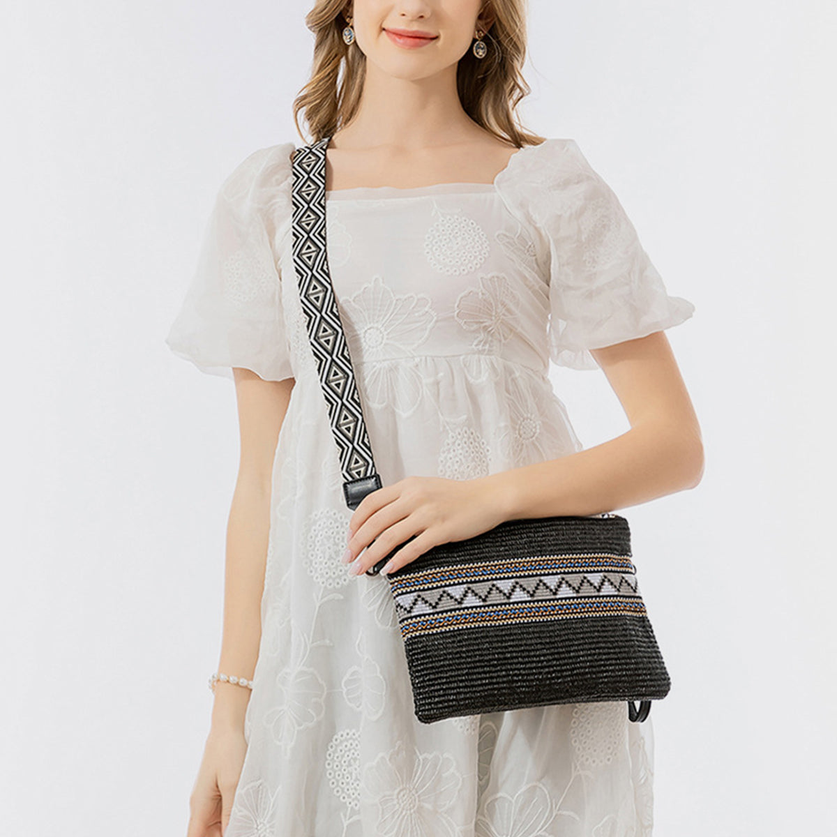 Geometric Straw Weave Crossbody Bag Black One Size 