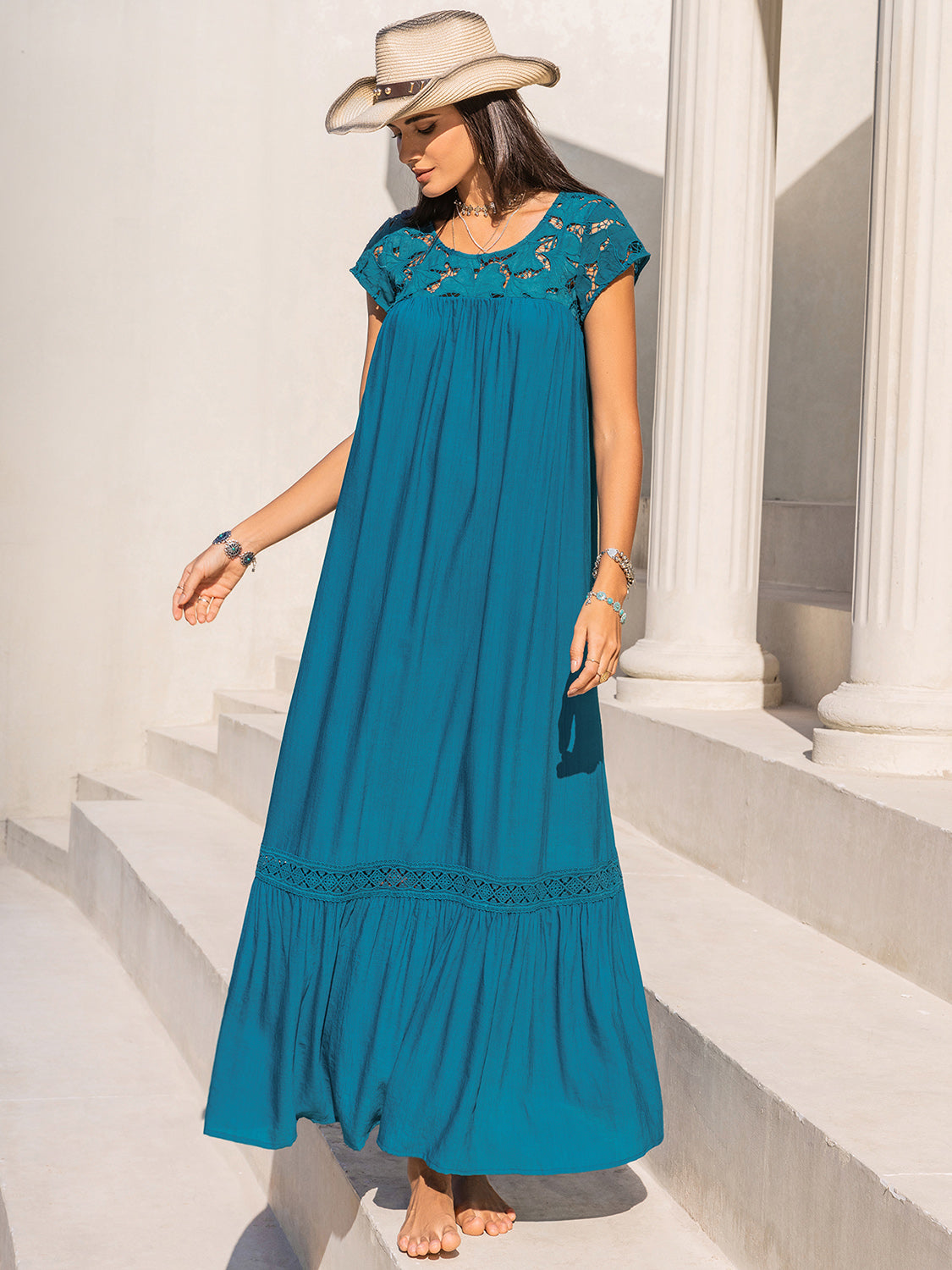 Round Neck Short Sleeve Maxi Dress   